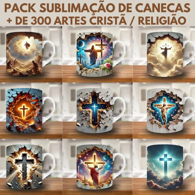 Pack Sublimação De Canecas Religião + 300 Estampas 2D 3D
