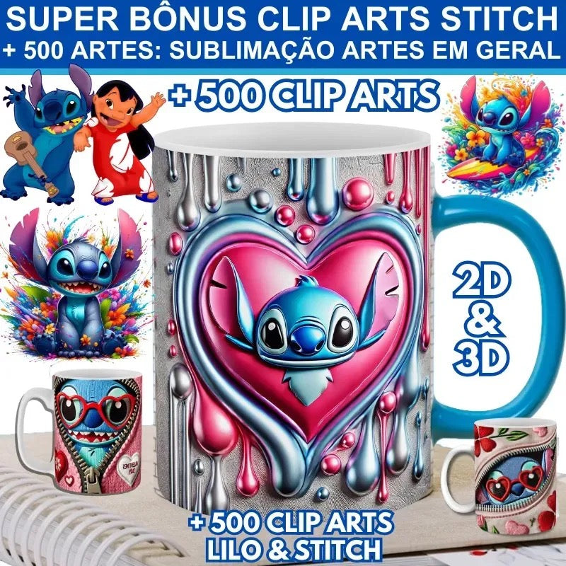 Kit Artes Sublimação Canecas Stitch + De 500 Estampas 2d 3d
