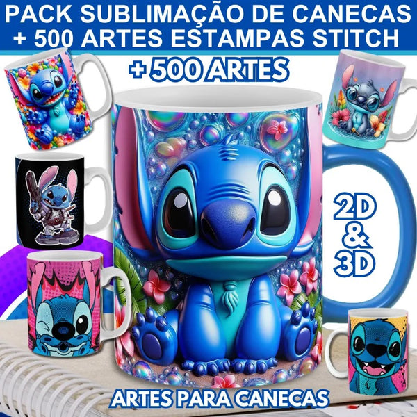 Kit Artes Sublimação Canecas Stitch + De 500 Estampas 2d 3d