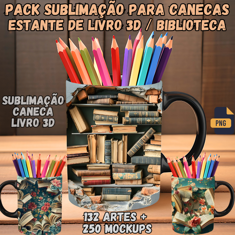 Super Pack Sublimação De Canecas Livros 3d / Biblioteca