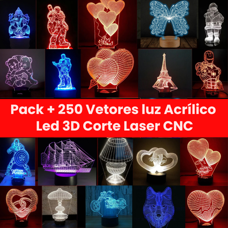 Pack + 250 Vetores luz Acrílico Led 3D Corte Laser CNC